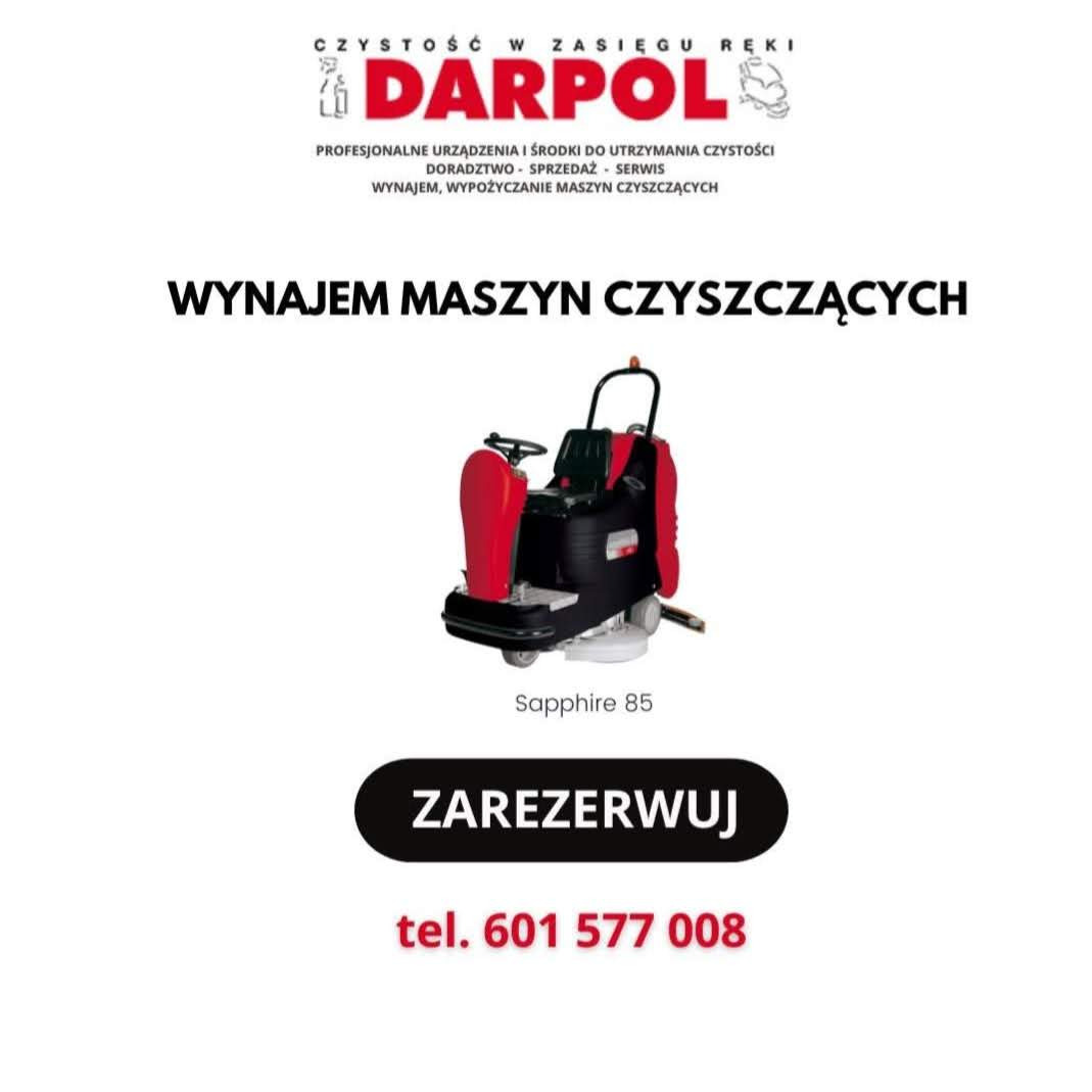 Czerwono-czarna maszyna czyszcząca Sapphire 85 z napisem 'Wynajem maszyn czyszczących' i danymi kontaktowymi do rezerwacji. Darpol - czystość w zasięgu ręki.