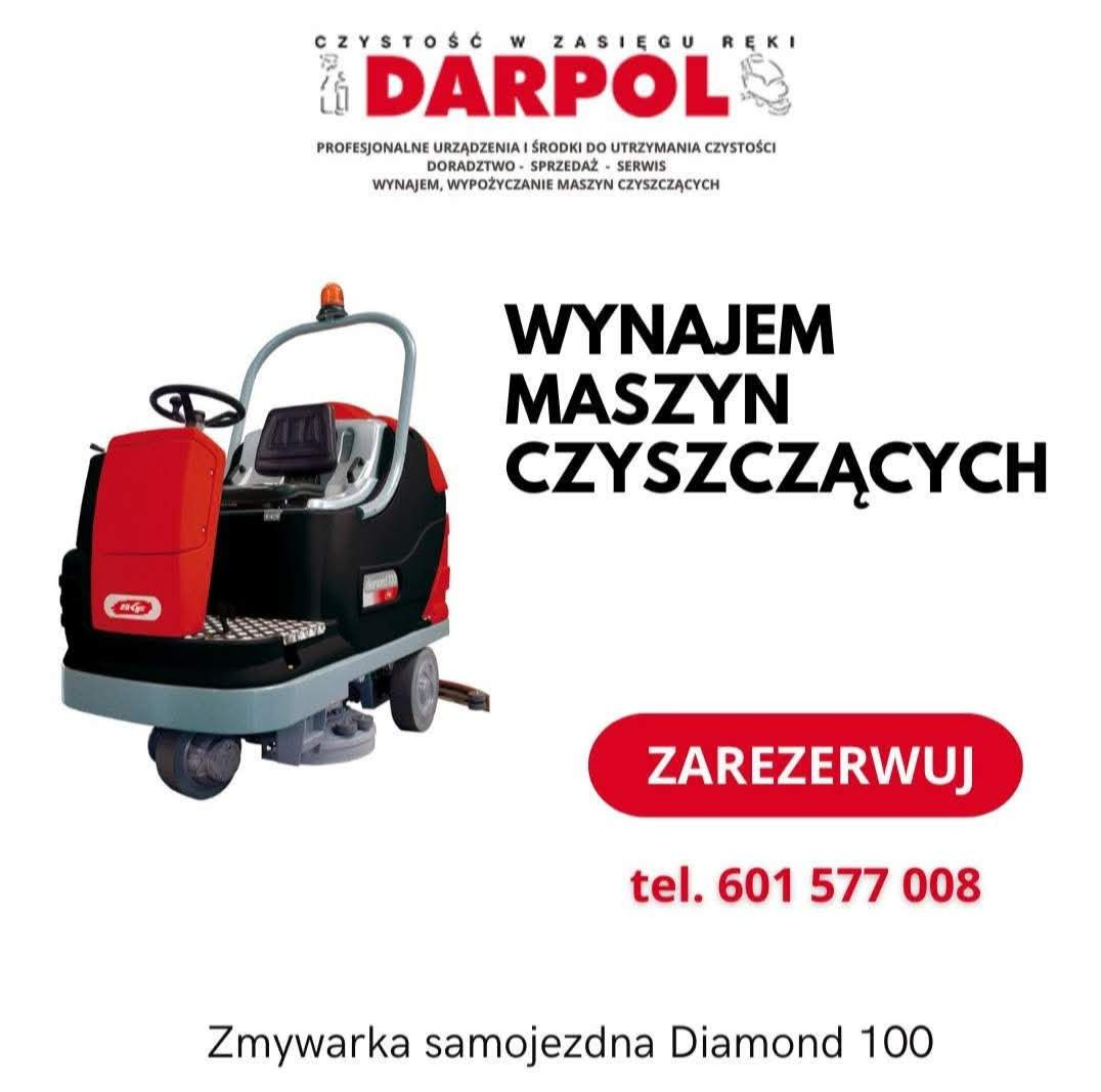 Zmywarka samojezdna Diamond 100 z logotypem firmy Darpol i hasłem 'Wynajem Maszyn Czyszczących'. Widoczny numer telefonu i wezwanie do rezerwacji.