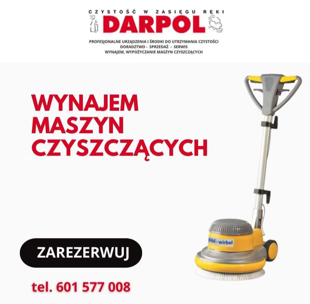 Żółta maszyna czyszcząca marki Hibli Wirbel na białym tle z czerwonym napisem 'Wynajem maszyn czyszczących' i numerem telefonu. Oferta wynajmu maszyn czyszczących.