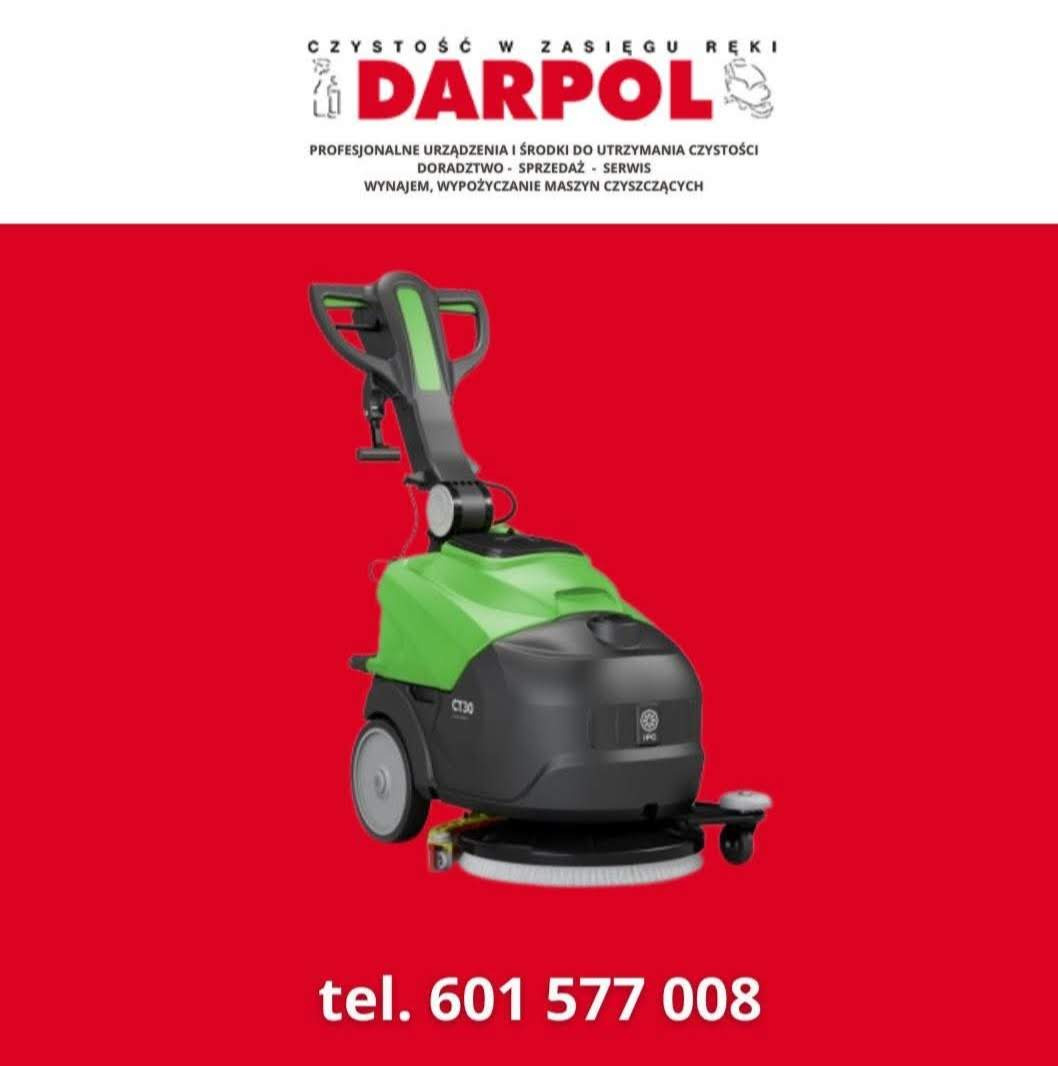 Zielono-czarna maszyna czyszcząca Darpol CT30, na czerwonym tle z numerem telefonu. Urządzenia do utrzymania czystości, wynajem maszyn czyszczących.