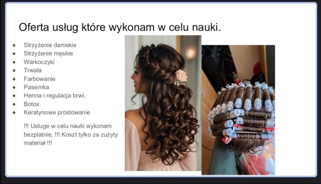Prezentacja usług fryzjerskich: upięcie włosów z kwiatem oraz włosy nawinięte na wałki przed trwałą ondulacją, oferta nauki zawodu.