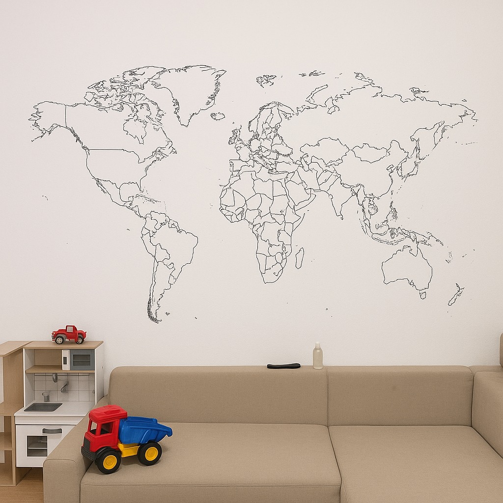 Ściana z mapą świata w pokoju dziecięcym, zabawki na beżowej sofie i drewniana kuchnia dla dzieci. Minimalistyczny design z akcentem edukacyjnym.