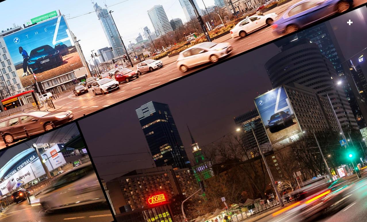 Kompozycja z nocnych i dziennych ujęć Warszawy, eksponująca billboard z reklamą BMW, z rozmytymi światłami przejeżdżających aut.