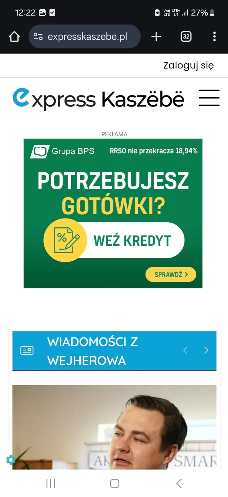 Mobilny widok strony expresskaszebe.pl z reklamą Grupy BPS o kredycie. Zaznaczone 'Weź Kredyt' i 'Sprawdź'. Poniżej sekcja z wiadomościami z Wejherowa.