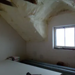 Poddasze po izolacji pianą PUR, widoczne płyty karton-gips i profile. Okno doświetla wnętrze. Etap prac wykończeniowych, przygotowanie do montażu płyt.