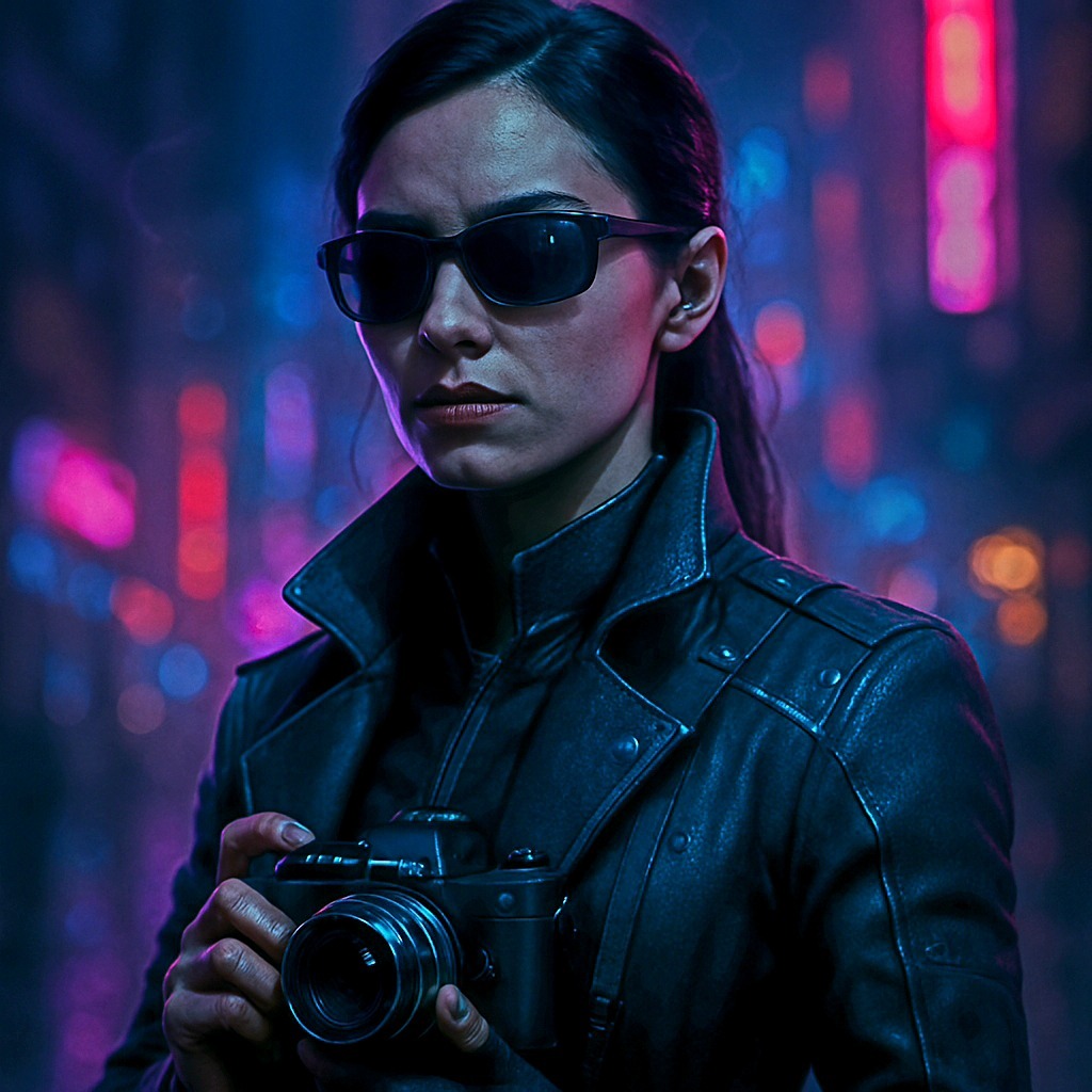 Kobieta w skórzanym płaszczu i okularach przeciwsłonecznych trzyma aparat na tle neonowego miasta. Mroczny klimat, przypominający film noir.