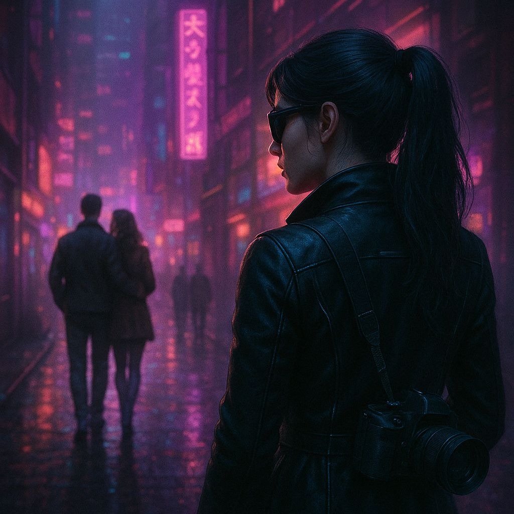 Kobieta w czarnym płaszczu z aparatem na tle neonowego miasta, obserwująca parę. Atmosfera tajemnicy i śledztwa, charakterystyczna dla pracy detektywa.