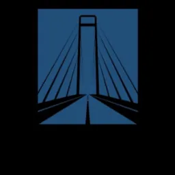 Stylizowany, niebieski rysunek mostu wiszącego na czarnym tle. Prosta, geometryczna kompozycja z perspektywą zbieżną. Minimalistyczny design.