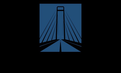 Stylizowany, niebieski rysunek mostu wiszącego na czarnym tle. Prosta, geometryczna kompozycja z perspektywą zbieżną. Minimalistyczny design.