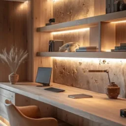 Eleganckie biuro domowe z drewnianym biurkiem, półkami podświetlonymi LED i dekoracyjną ścianą. Minimalistyczny monitor i lampka na biurku. Stonowana kolorystyka.