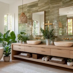 ArtDesign.vip - Jasna łazienka z dwoma umywalkami z kamienia, drewnianą szafką, zielonymi płytkami na ścianie i dużymi oknami z widokiem na zieleń. Naturalne materiały i rośliny.