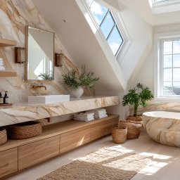 ArtDesign.vip - Jasna łazienka na poddaszu z marmurową wanną i blatem, drewnianymi szafkami i półkami. Okno dachowe wpuszcza światło na roślinę w koszu.