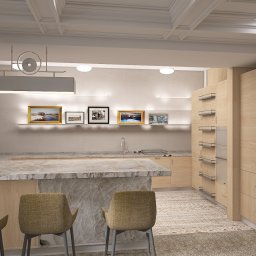 ArtDesign.vip - Jasna kuchnia z marmurowym blatem wyspowym i drewnianymi szafkami. Nad blatem rząd obrazów na półce. Trzy krzesła barowe z przodu. Nowoczesny design.