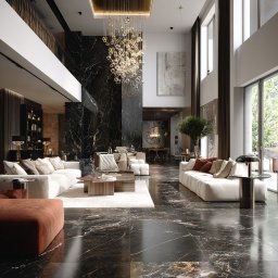 ArtDesign.vip - Luksusowy salon z marmurową podłogą i ścianą, kremowymi sofami, nowoczesnym żyrandolem i wysokimi oknami. Widok na jadalnię w głębi. Nowoczesny design.