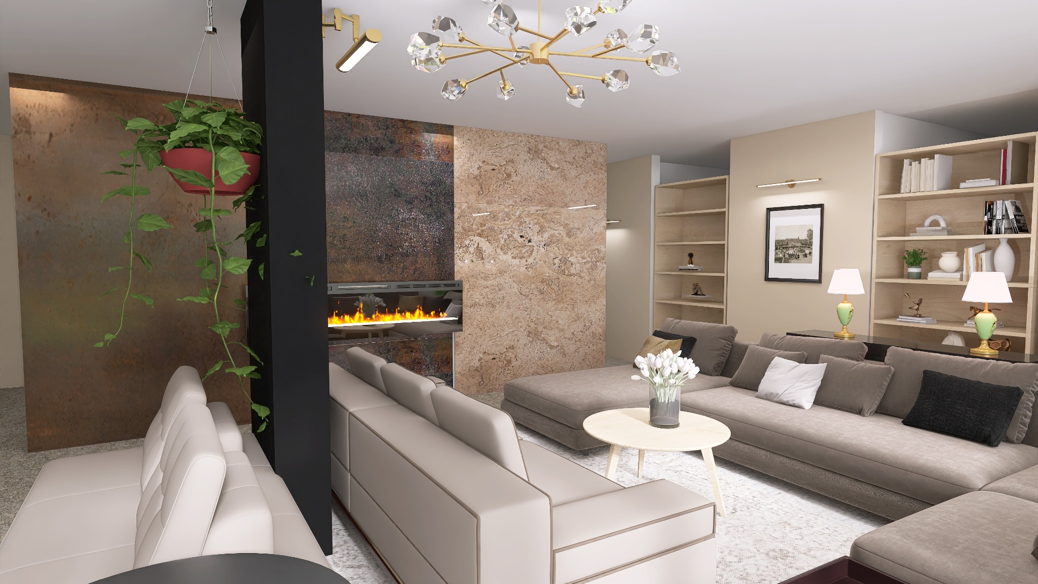 Elegancki salon z kominkiem, sofami i roślinami wiszącymi. Nowoczesne oświetlenie i dekoracyjne ściany tworzą przytulną atmosferę. Widok na wnętrze z perspektywy.