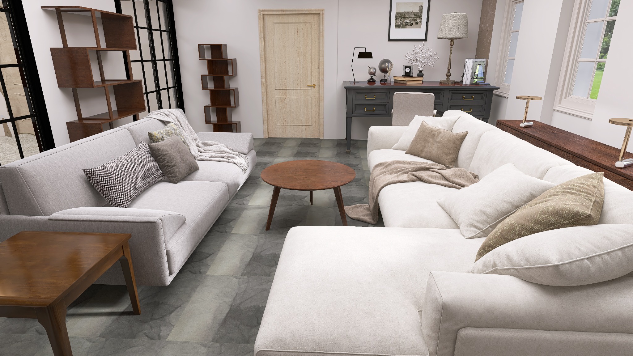 Jasne, przestronne wnętrze salonu z dwoma sofami, drewnianym stolikiem kawowym i regałami. Neutralna kolorystyka, naturalne światło, minimalistyczny wystrój.