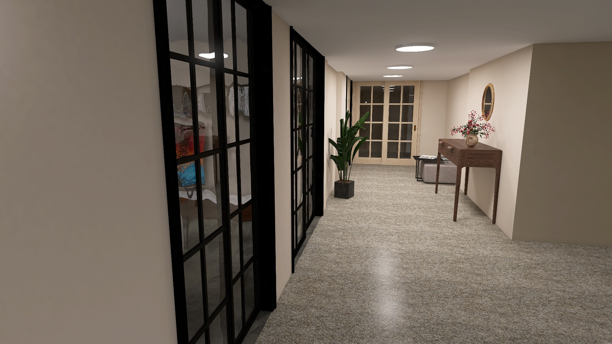 Nowoczesny korytarz z czarnymi, przeszklonymi drzwiami, rośliną w doniczce i drewnianą konsolą z kwiatami. W tle widoczne drzwi z szybami i dywan w neutralnych barwach.