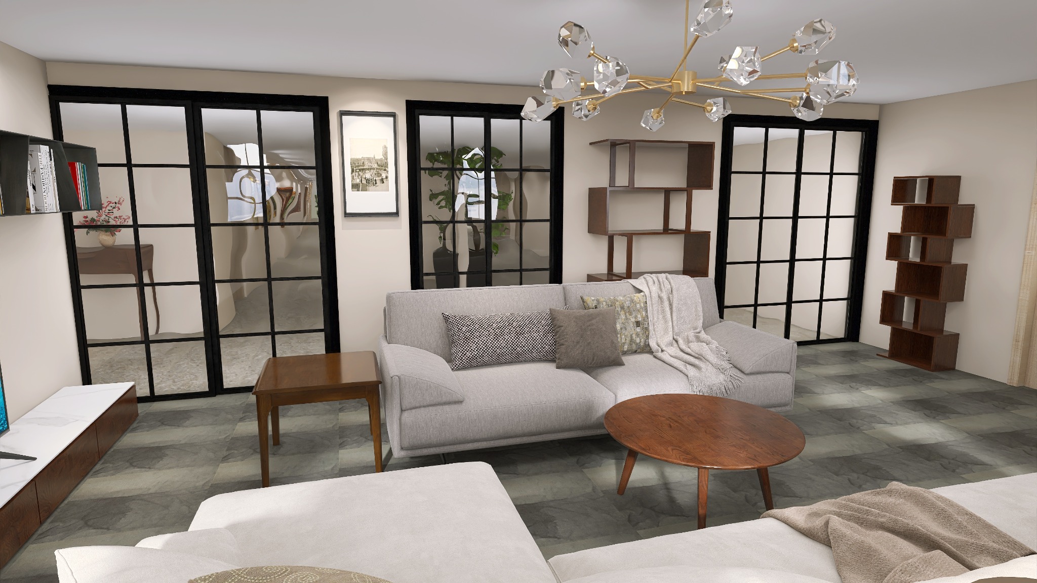 Jasne wnętrze salonu z szarą sofą, drewnianym stolikiem kawowym i regałami. Duże okna z czarnymi ramami wpuszczają światło. Nowoczesny żyrandol dodaje elegancji.