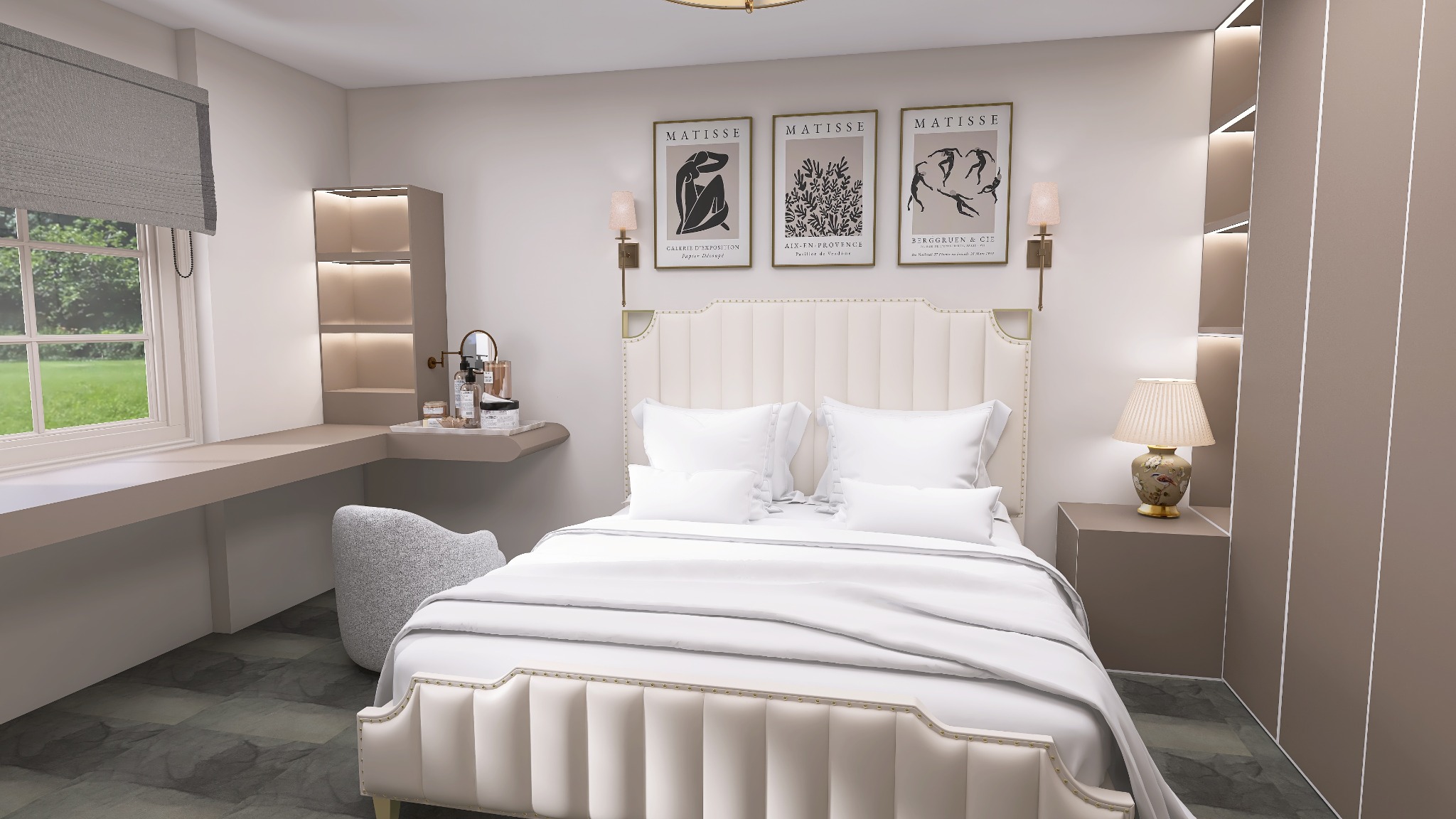 Elegancka sypialnia w beżach: łóżko z pikowanym zagłówkiem, toaletka z oświetleniem, grafiki Matisse, lampka nocna i szafa z podświetleniem LED.