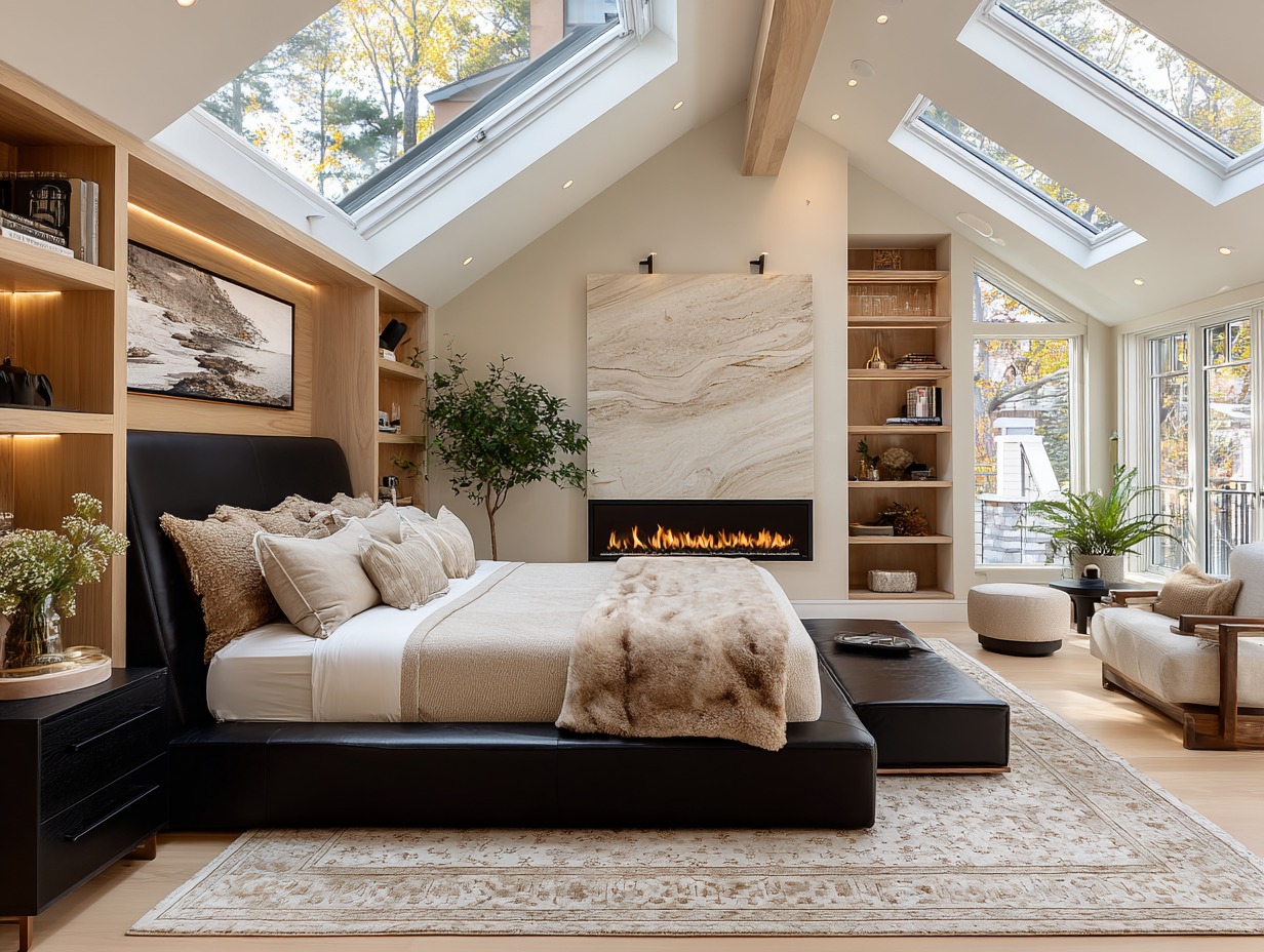 Jasna sypialnia na poddaszu z kominkiem, drewnianymi regałami i oknami dachowymi. Czarna rama łóżka i beżowe tekstylia tworzą przytulną atmosferę.