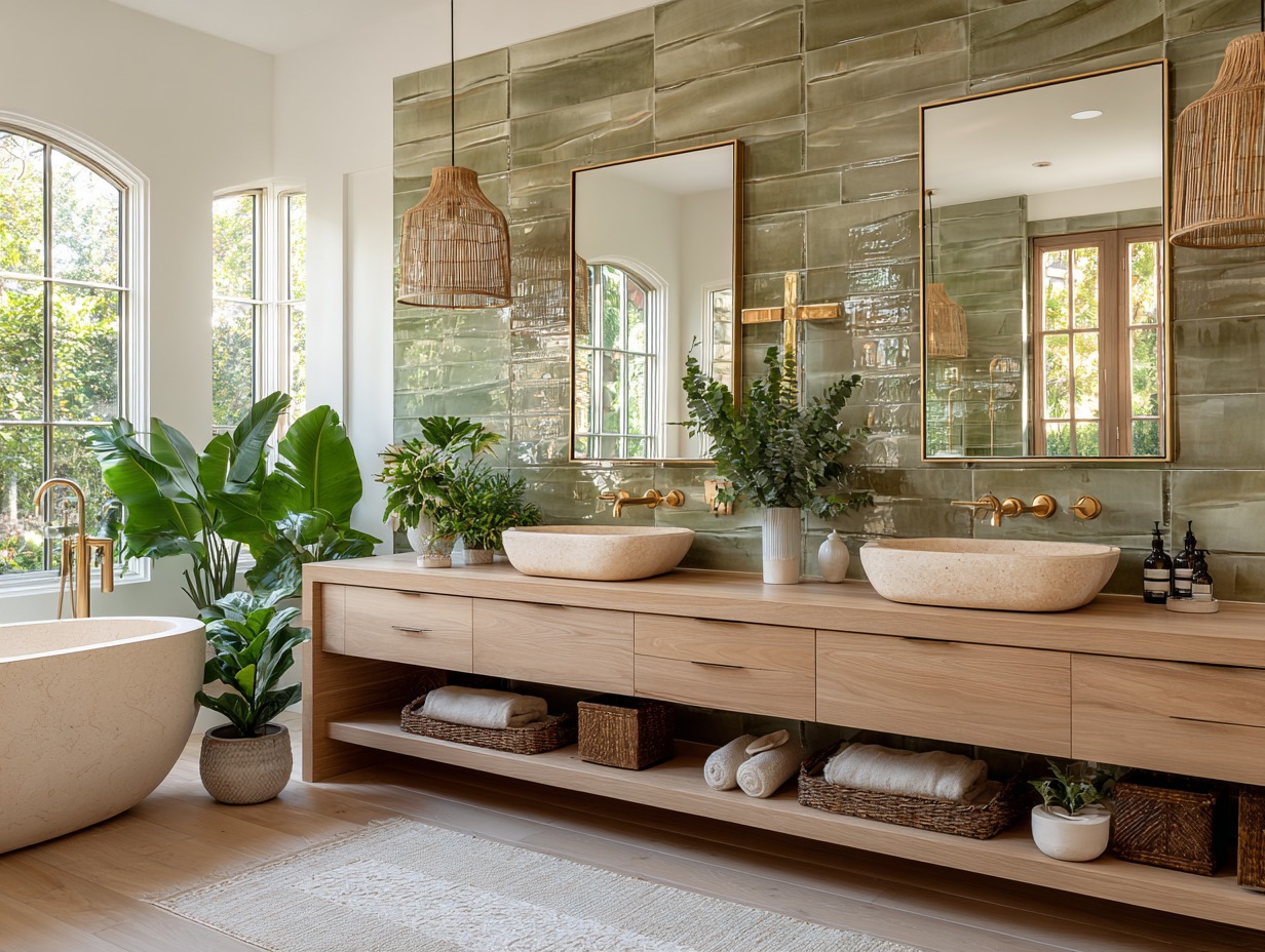 Jasna łazienka z dwoma umywalkami z kamienia, drewnianą szafką, zielonymi płytkami na ścianie i dużymi oknami z widokiem na zieleń. Naturalne materiały i rośliny.