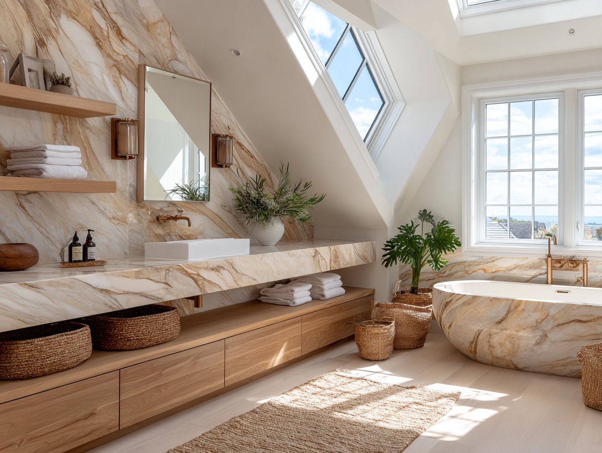 Jasna łazienka na poddaszu z marmurową wanną i blatem, drewnianymi szafkami i półkami. Okno dachowe wpuszcza światło na roślinę w koszu.