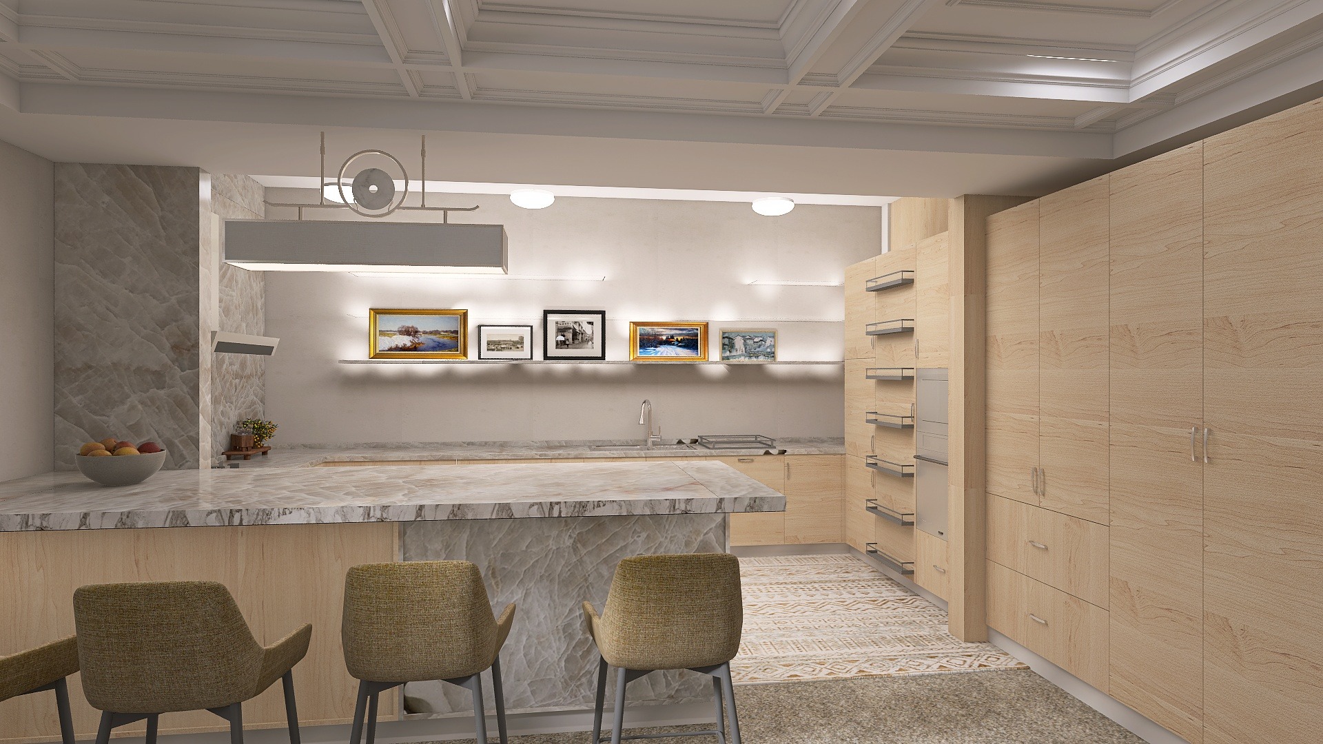Jasna kuchnia z marmurowym blatem wyspowym i drewnianymi szafkami. Nad blatem rząd obrazów na półce. Trzy krzesła barowe z przodu. Nowoczesny design.