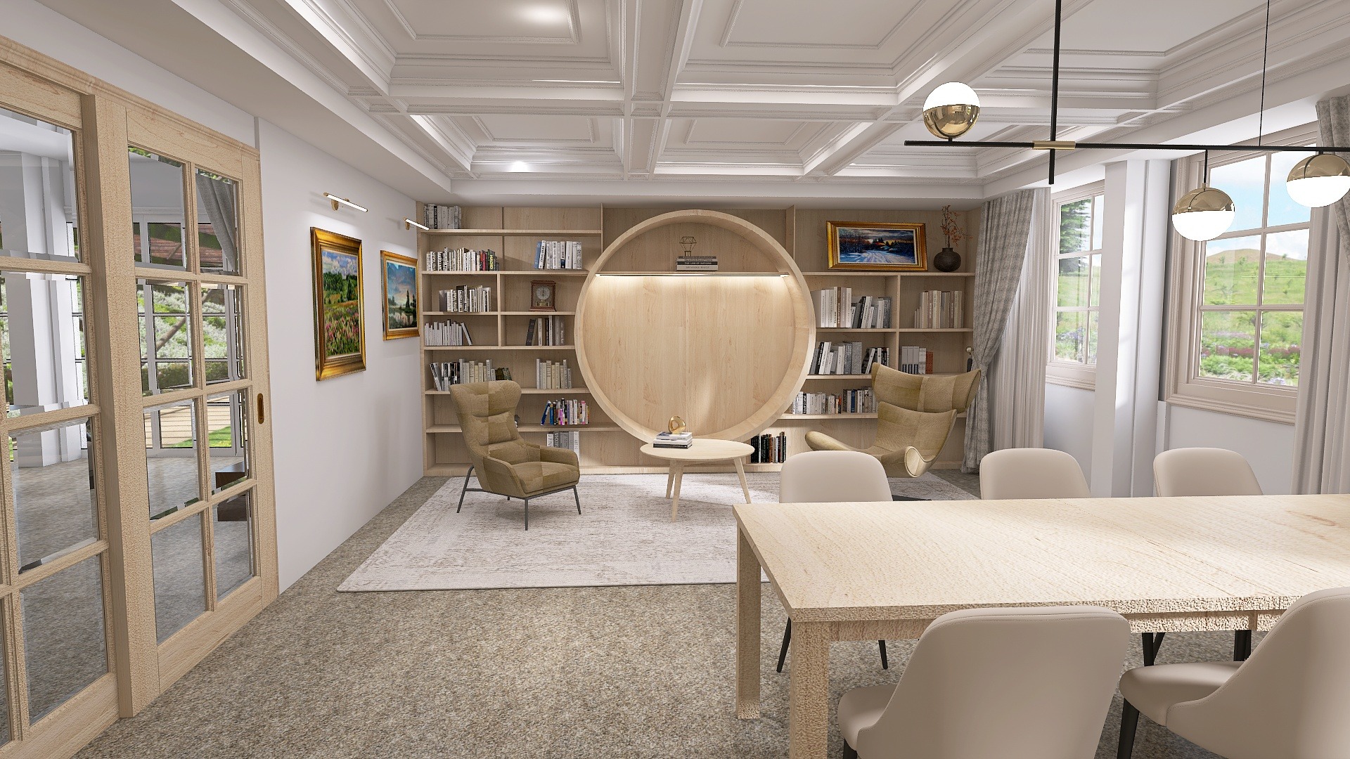 Jasne wnętrze z biblioteczką, okrągłym elementem dekoracyjnym i stołem jadalnym. Dwa fotele i dywan dopełniają aranżację. Nowoczesne oświetlenie.