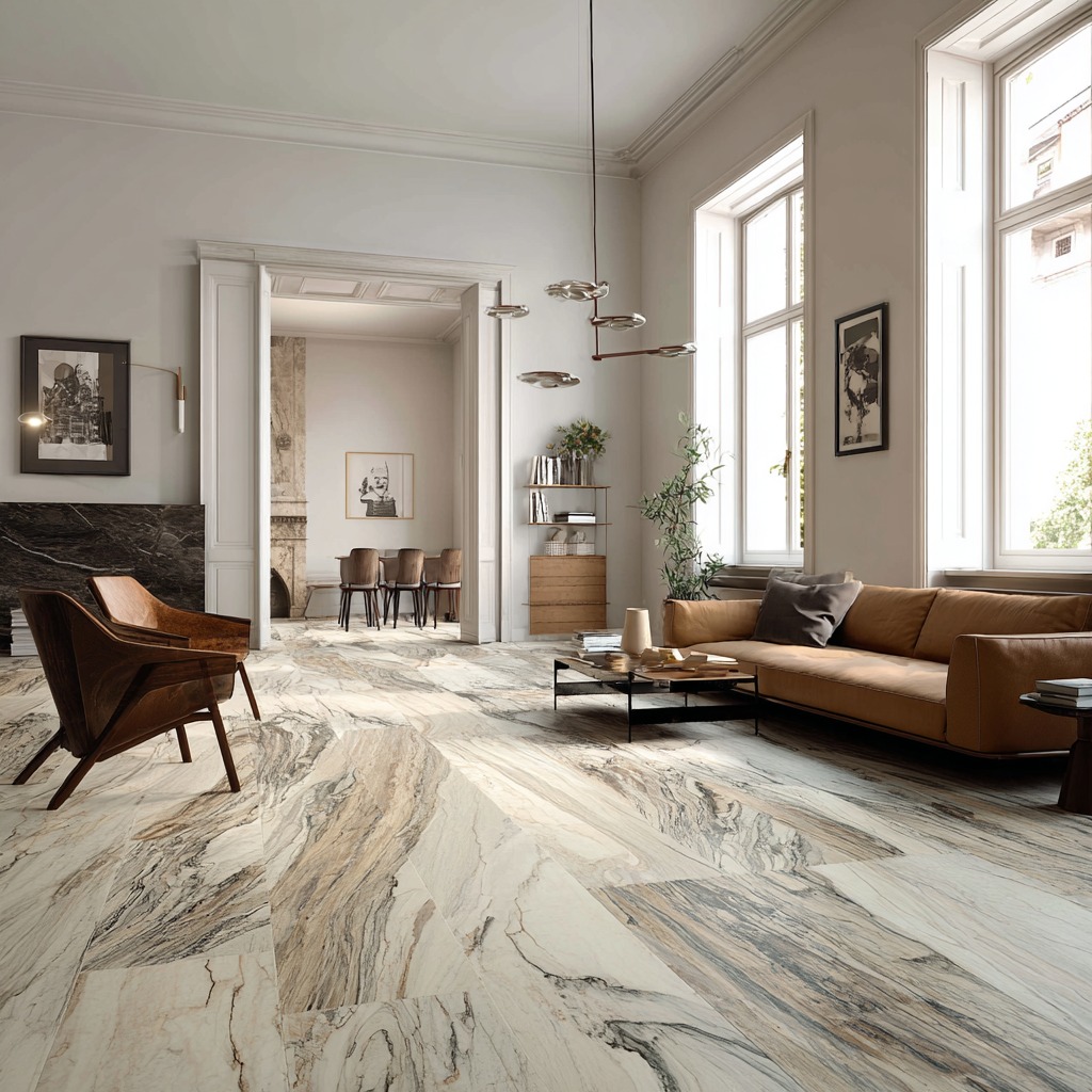 Salon z marmurową podłogą w odcieniach beżu i szarości. Skórzana sofa, drewniane krzesło i nowoczesna lampa wisząca. Duże okna wpuszczają naturalne światło.