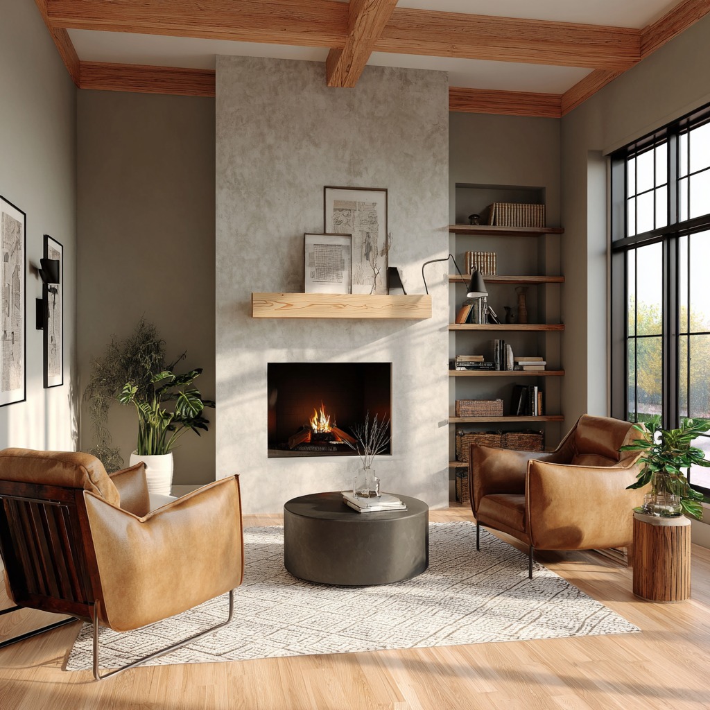 Salon z kominkiem w stylu skandynawskim: drewniane belki, betonowa ściana, skórzane fotele, okrągły stolik i regał z książkami. Przytulne wnętrze z paleniskiem.