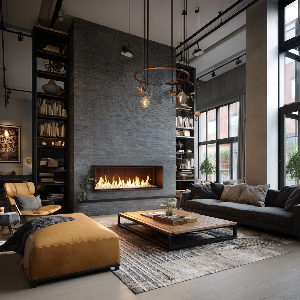 Loftowy salon z szarą cegłą, kominkiem i regałami. Centralnie umieszczony stolik kawowy z drewnianym blatem i metalową podstawą. Duże okna w czarnych ramach.