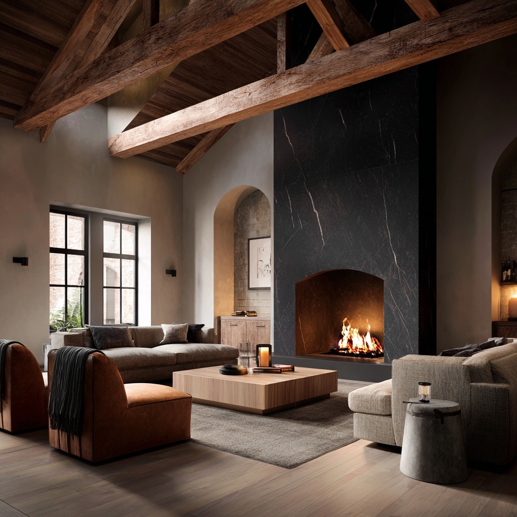 Salon z wysokim sufitem, drewnianymi belkami i marmurowym kominkiem. Nowoczesne meble, stonowana kolorystyka, ciepłe światło ognia. Minimalistyczny design.
