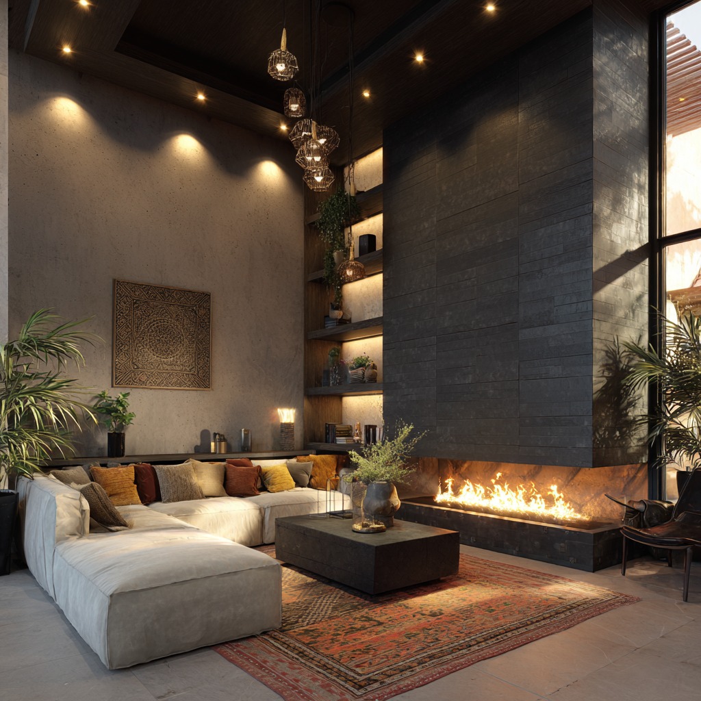 Stylowy salon z kominkiem i regałem w Miedzianej Górze. Beżowa sofa narożna z kolorowymi poduszkami, dywan w orientalne wzory. Nowoczesne oświetlenie i dekoracje.