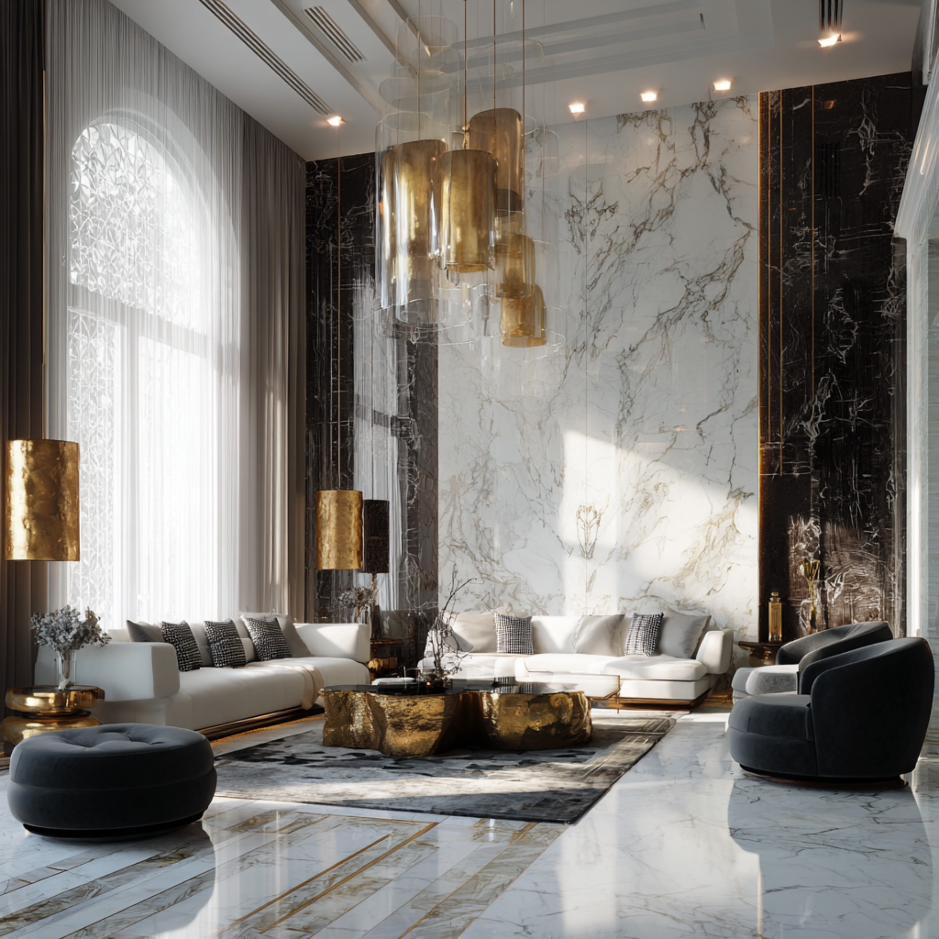 Elegancki salon z marmurowymi ścianami, białymi sofami i złotymi akcentami. Lampa wisząca o unikalnym designie. Podłoga z marmuru z geometrycznym wzorem.