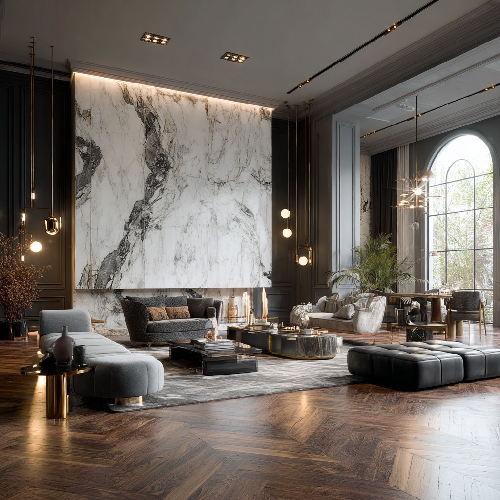 Elegancki salon z marmurową ścianą, szarą sofą i złotymi akcentami. Parkiet w jodełkę, duże okno z widokiem na zieleń. Nowoczesne lampy wiszące.