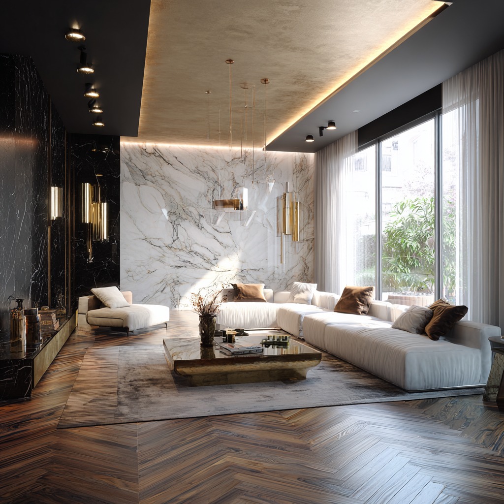 Elegancki salon z marmurową ścianą, parkietem w jodełkę i nowoczesnym oświetleniem. Centralnie ustawiony stolik kawowy z dekoracjami. Duże okno z widokiem na zieleń.