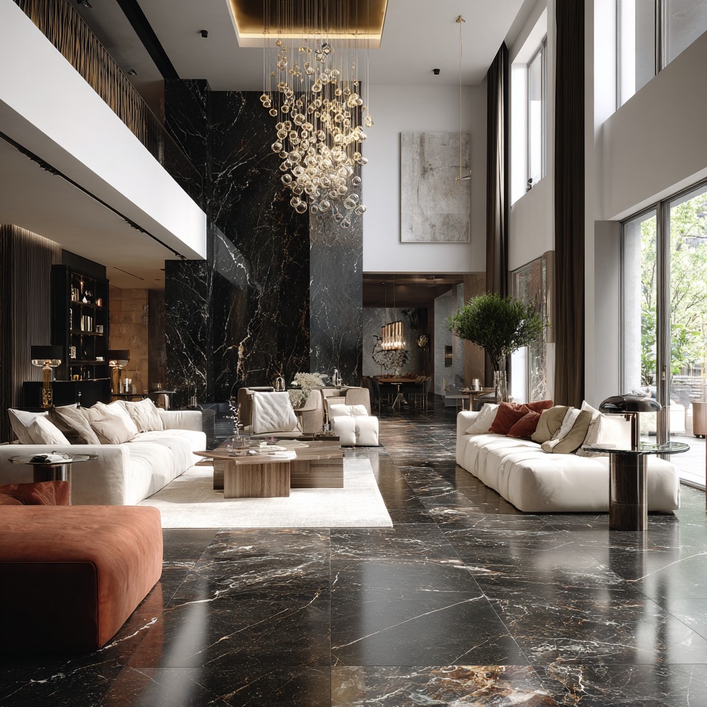 Luksusowy salon z marmurową podłogą i ścianą, kremowymi sofami, nowoczesnym żyrandolem i wysokimi oknami. Widok na jadalnię w głębi. Nowoczesny design.
