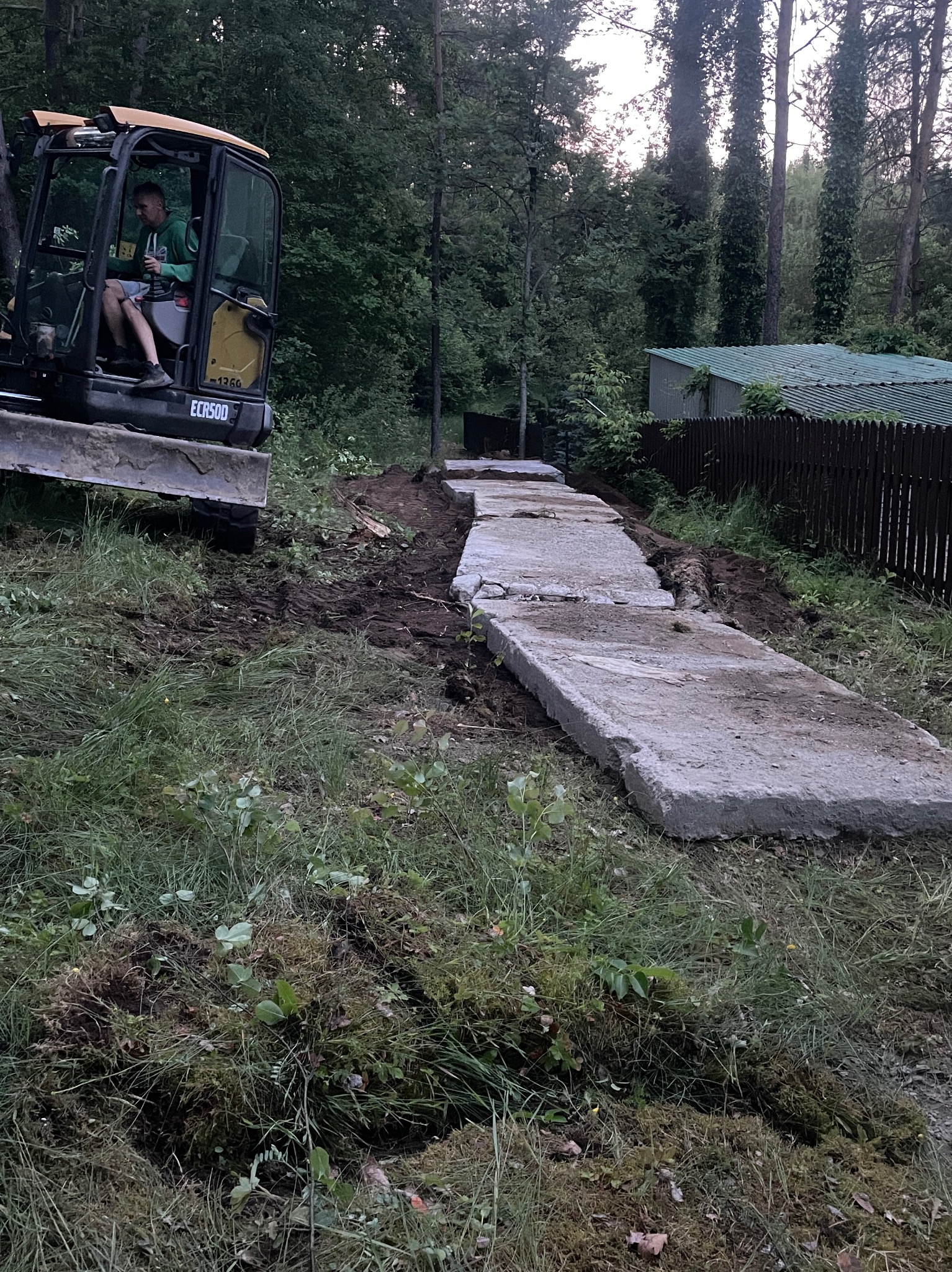 Żółta koparka ECR50D i ułożone betonowe płyty na ziemi w lesie. Przygotowanie terenu pod budowę, możliwe fundamenty. Operator w kabinie.