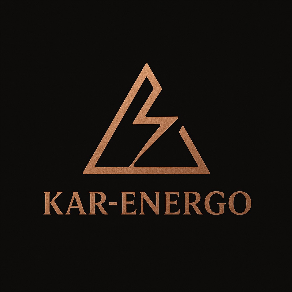 Eleganckie logo firmy KAR-ENERGO w kolorze miedzianym na czarnym tle. Symbolizuje energię błyskawicy w trójkącie, podkreślając profesjonalizm i nowoczesność.