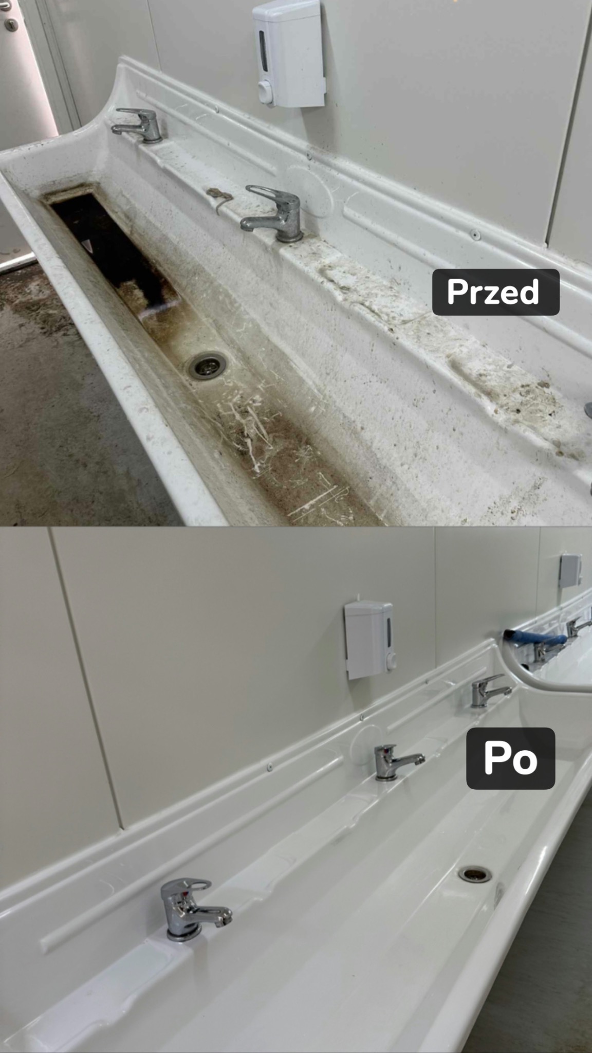 Umywalka zbiorowa w toalecie publicznej, widok przed i po czyszczeniu. Na górze brudna, na dole lśniąca czystością. Widoczne dozowniki mydła.