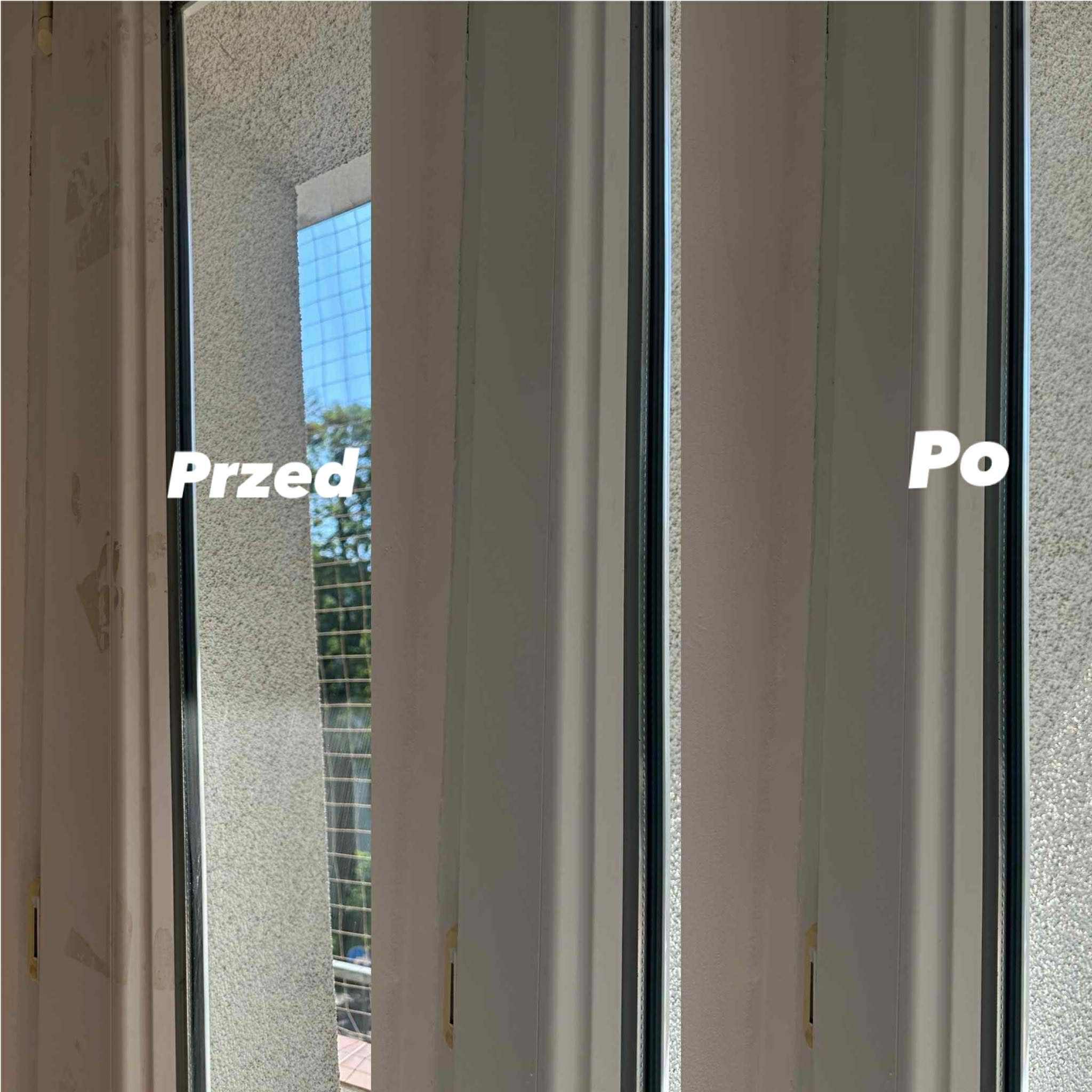 Zdjęcie okna balkonowego w układzie 'przed i po' czyszczeniu. Po lewej stronie widoczne zabrudzenia, po prawej okno czyste.