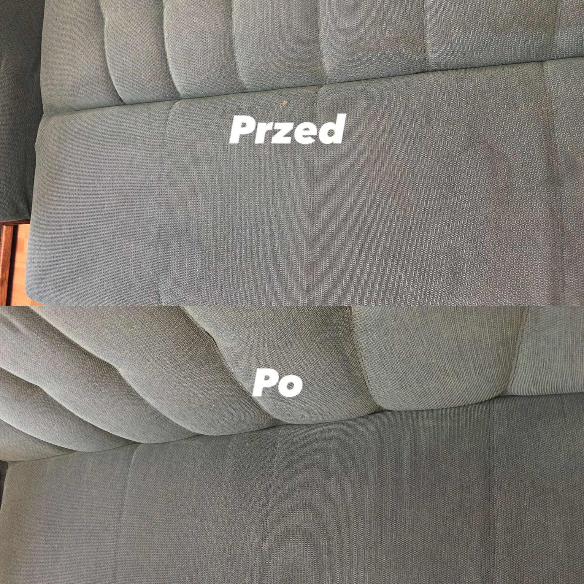 Tapicerka sofy przed i po czyszczeniu: widoczne różnice w kolorze i teksturze, z napisem 'Przed' i 'Po'.