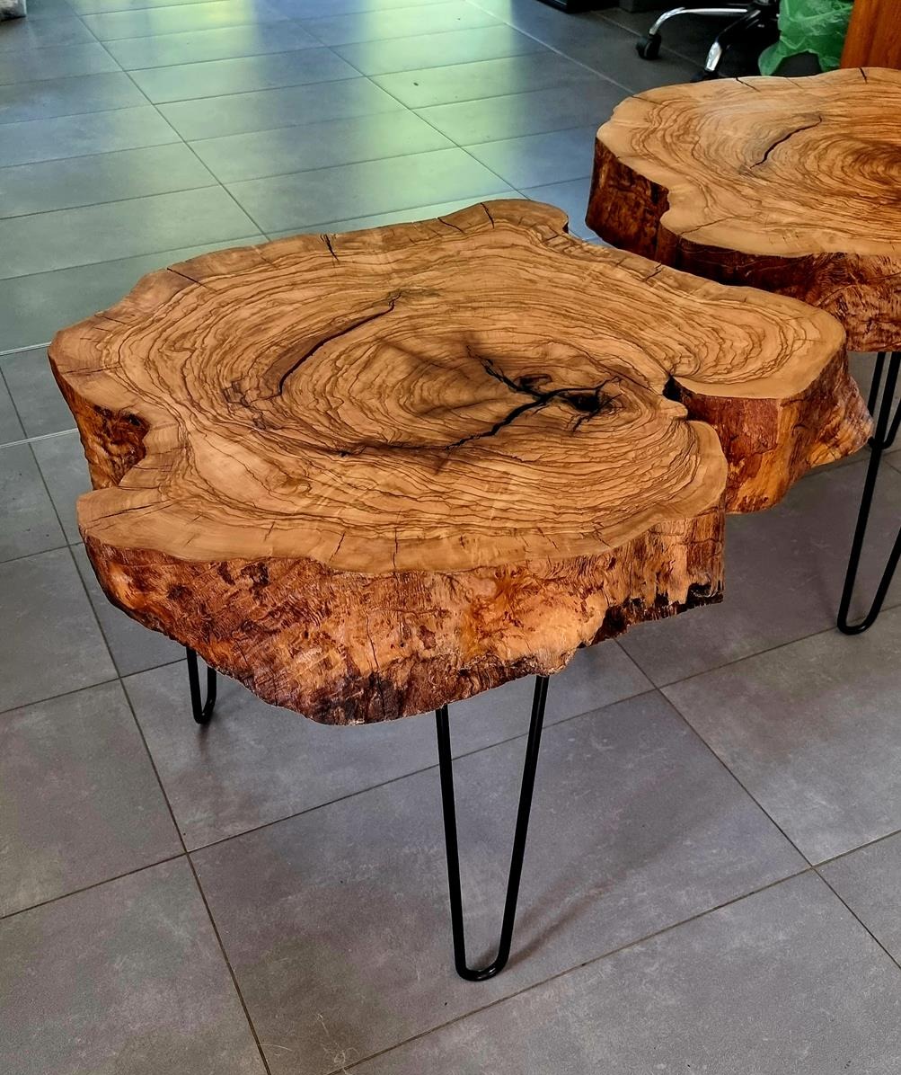 Dwa stoliki kawowe z plastrów drewna na metalowych nogach, widoczne słoje i pęknięcia drewna. Blaty o nieregularnym kształcie, surowe wykończenie krawędzi.