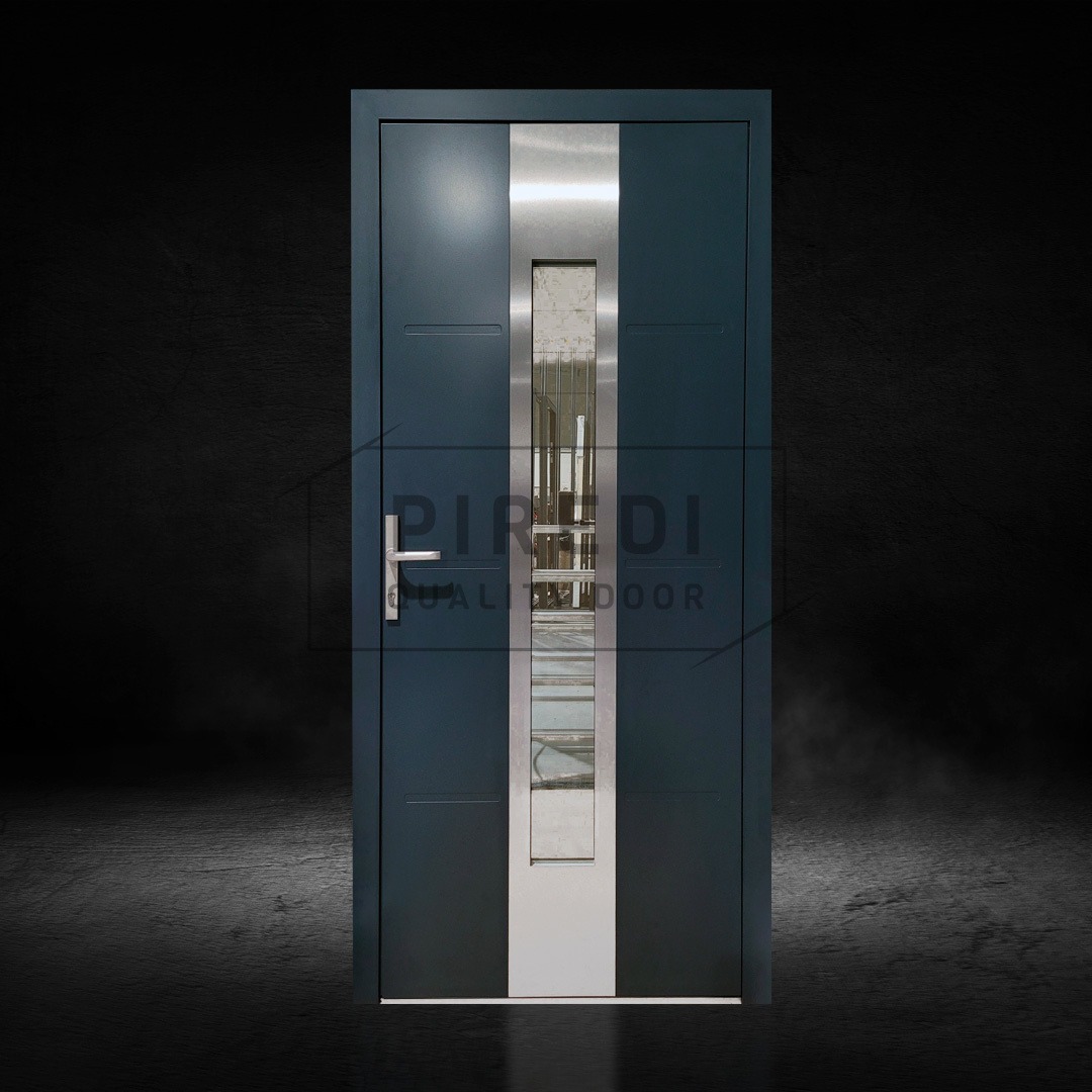 Stylowe, grafitowe drzwi wejściowe z wąskim, pionowym przeszkleniem i srebrnymi akcentami, na ciemnym, teksturowanym tle.