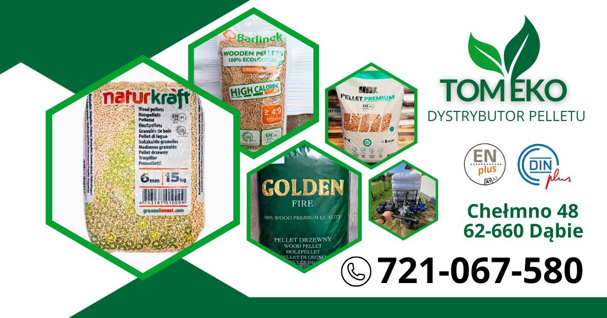 Oferta dystrybutora pelletu TomEko: worki z pelletem drzewnym Naturkraft, Barlinek, Golden Fire i Pellet Premium, logo firmy, dane kontaktowe i adres.