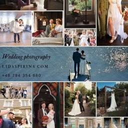 Lidiya Spirina - Kolaż z ujęciami ślubnymi: panna młoda w różnych sceneriach, detale ceremonii, para na pomoście nad wodą, goście weselni. Różnorodne ujęcia i kadry.