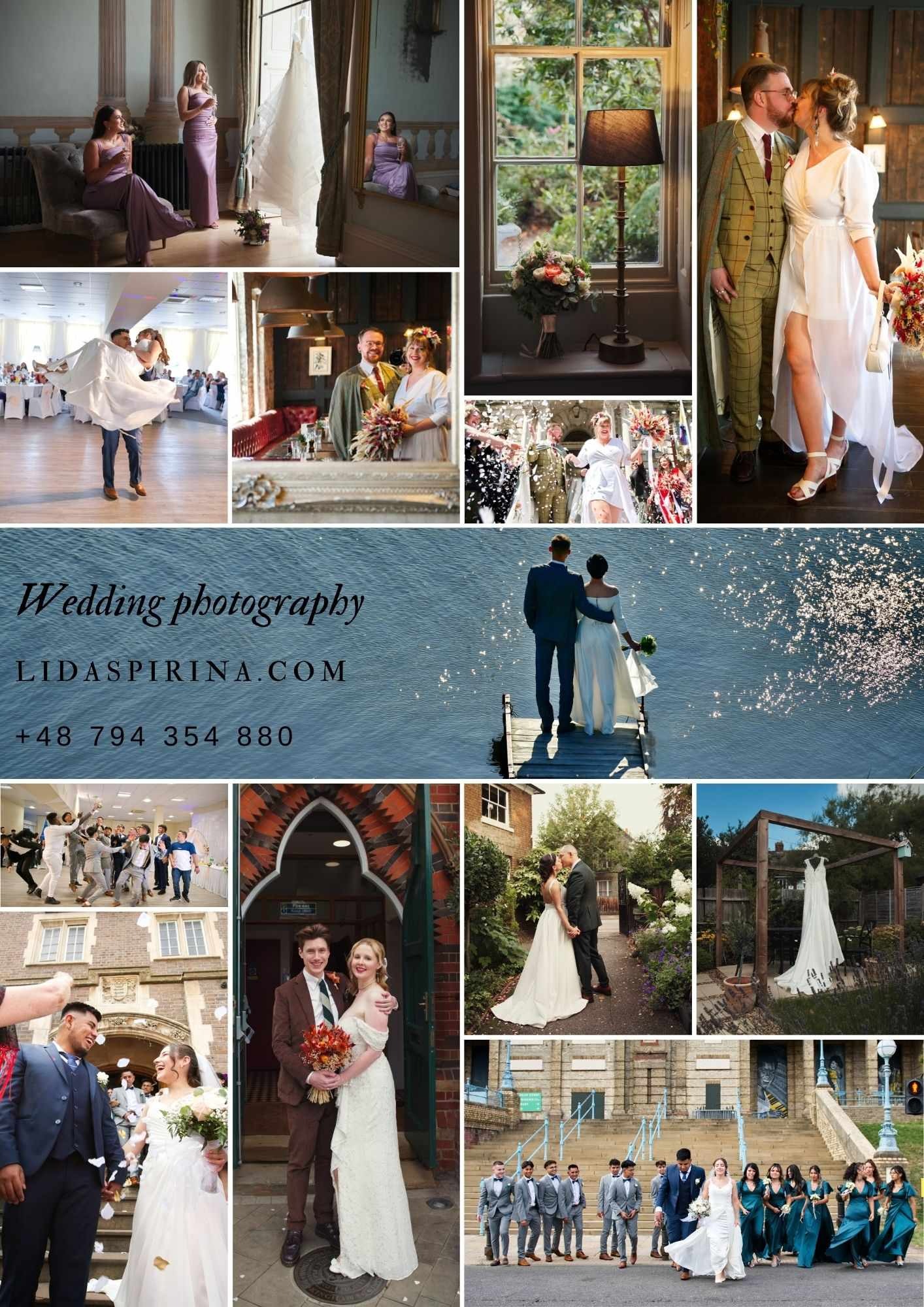 Kolaż z ujęciami ślubnymi: panna młoda w różnych sceneriach, detale ceremonii, para na pomoście nad wodą, goście weselni. Różnorodne ujęcia i kadry.