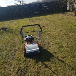 Hubert Kamiński - Wertykulator spalinowy na trawniku z widocznymi śladami po wertykulacji. W tle ciemne ogrodzenie i drzewa bez liści. Słoneczny dzień.