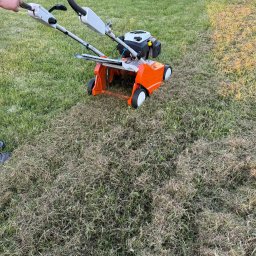 Hubert Kamiński - Wertykulacja trawnika: pomarańczowy wertykulator w trakcie pracy, widoczna warstwa filcu na trawie, częściowo skoszona powierzchnia. Ręce operatora na uchwycie.