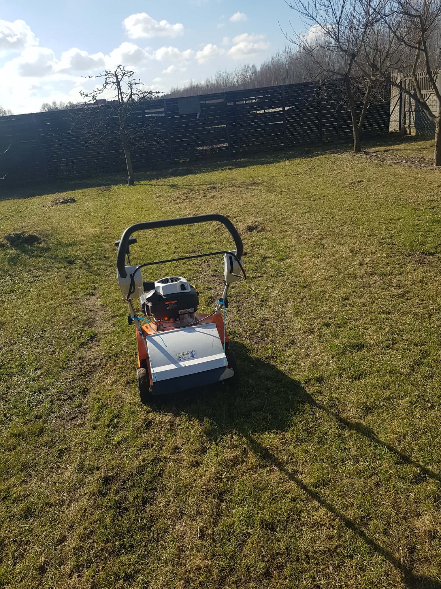 Wertykulator spalinowy na trawniku z widocznymi śladami po wertykulacji. W tle ciemne ogrodzenie i drzewa bez liści. Słoneczny dzień.